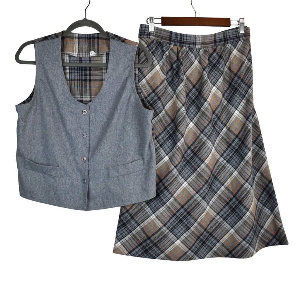 VTG 70s Plaid Skirt Set Medium 8 10 Grey Wool Vest Midi Suit Academia Preppy